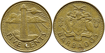 Барбадос 5 центов 1979 маяк Саут-Пойнт KM 11 латунь 4398-521