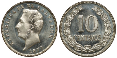 Сальвадор 10 сентаво 1977 год тип, Франсиско Морасан KM 150 a медь никель цинк UNC M56-01