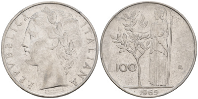 Италия 100 лир 1965 R, богиня Афина KM 96.1 нержавеющая сталь 259-146