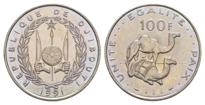 Джибути 100 франков 1991 KM 26 медно-никель UNC 4653-326
