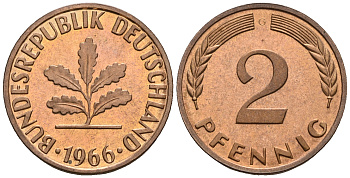 ФРГ 2 пфеннига 1966 G KM 106, J.381 бронза PROOF 1094-7-64