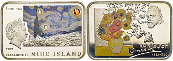 Ниуэ 1 доллар 2007 Известные художники - Винсент Ван Гог, подсолнухи, Елизавета II (1952-2022) KM 176 серебро  PROOF  00-00