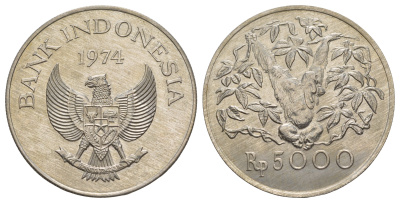 Индонезия 5000 рупий 1974 Орангутан KM 40 серебро UNC 1515-1714