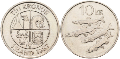 Исландия 10 крон 1987 рыбы KM 29.1 медно-никель UNC 4591-516