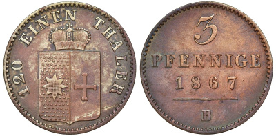 Вальдек 3 пфеннига 1867 B, Георг Виктор (1845-1893) KM 171 медь    175-1144