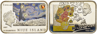 Ниуэ 1 доллар 2007 Известные художники - Винсент Ван Гог, подсолнухи, Елизавета II (1952-2022) KM 176 серебро  PROOF  00-00