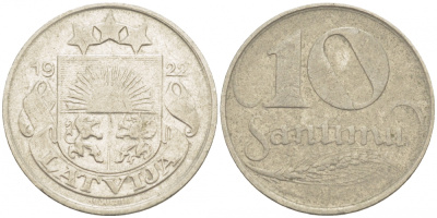 Латвия 10 сантимов 1922 первая Республика (1918-1939) KM 4 никель 3718-247