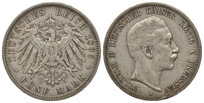 Пруссия 5 марок 1895 Вильгельм II (1888-1918) KM 523, J.104 серебро    413-1513