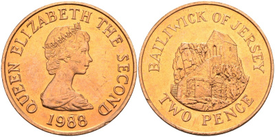 Джерси 2 пенса 1988 Сент-Хелиер, Елизавета II (1952-) KM 55 бронза UNC 4583-141