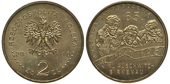 Польша 2 злотых 2010 MW, 65 лет освобождения концлагеря Аушвиц-Биркунау (Освенцим) KM 712 нордик UNC 4676-632