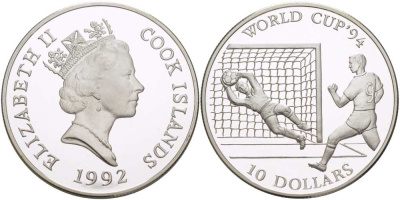 Острова Кука 10 долларов 1992 чемпионат мира по футболу в США 1994 года, игрок и вратарь KM 254 серебро PROOF 1085-8-12