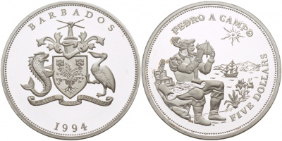 Барбадос 5 долларов 1994 история мореплавания, Педро А. Кампо KM 59 серебро PROOF 1068-1-51