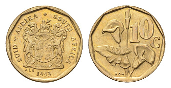 ЮАР 10 центов 1993 герб, цветок алоэ KM 135 сталь плакированная бронзой UNC 4694-661
