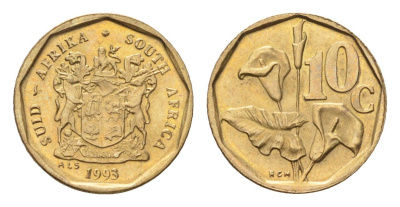 ЮАР 10 центов 1993 герб, цветок алоэ KM 135 сталь плакированная бронзой UNC 4694-661