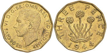 Великобритания 3 пенса 1943 Георг VI (1936-1952) KM 849, Spink 4112 никель латунь UNC 4556-453