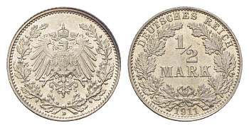 Германия 1/2 марки 1911 D, Вильгельм II (1888-1918) KM 17, J. 16 серебро aUNC 3896-733