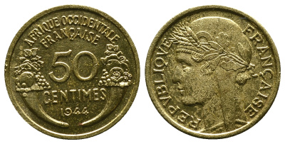 Французская Западная Африка 50 сантимов 1944 редкая KM 1, Lec 1 алюминиевая бронза aUNC 4381-931