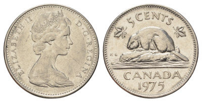Канада 5 центов 1975 Елизавета II (1952-2022), бобр KM 60.1 никель 4689-413