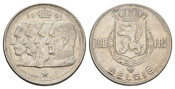 Бельгия 100 франков 1951 Бодуэн I (1951-1993), Belgiqe KM 139 серебро 1519-845
