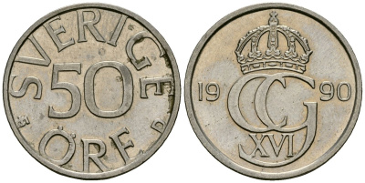 Швеция 50 эре 1990 Карл XVI Густав (1973- ) KM 855 медно-никель 4167-354