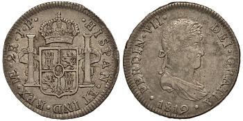 Перу 2 реала 1819 JP, монетный двор ME (Лима), Фердинанд VII Испанский (1808-1821) KM 115.1 серебро 00-000-00