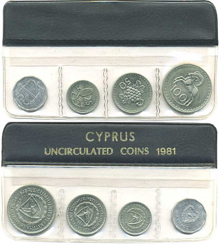 КИПР НАБОР ИЗ 4 МОНЕТ 1981 В ЦЕЛОФАНЕ (5, 25, 50, 100 ЦЕНТОВ) UNC 5-4-3-73