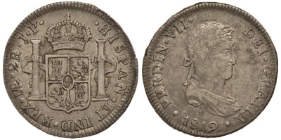 Перу 2 реала 1819 JP, монетный двор ME (Лима), Фердинанд VII Испанский (1808-1821) KM 115.1 серебро 00-000-00