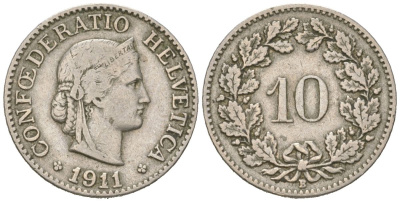 Швейцария 10 раппенов 1911 B KM 27 медно-никель 4169-634