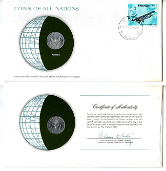Руанда 1 франк 1977 конверт с маркой первого дня гашения, Coins of Nations KM 12 алюминий UNC 4294-29-3