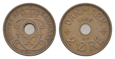Дания 2 эре 1938 N, Кристиан X (1912-1947) KM 827 бронза 4658-249