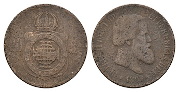 Бразилия 20 реалов (рейсов) 1869 Педро II (1831-1889) KM 474 бронза 4566-354