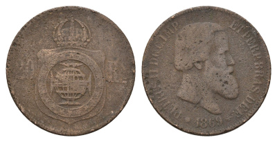 Бразилия 20 реалов (рейсов) 1869 Педро II (1831-1889) KM 474 бронза 4566-354