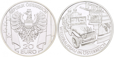 Австрия 20 евро 2003 план Маршала, военная полиция KM 3107 серебро PROOF 1087-3-75