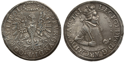 АВСТРИЯ, СВЯЩЕННАЯ РИМСКАЯ ИМПЕРИЯ, ТИРОЛЬ 2 ТАЛЕРА 1626 ДОМ ГАБСБУРГОВ, ЭРЦГЕРЦОГ ЛЕОПОЛЬД V ТИРОЛЬСКИЙ (1619-1632), МОНЕТНЫЙ ДВОР ХАЛЛ, ЦИФРЫ ДАТЫ ПЕРЕД ПОРТРЕТОМ, ВЕНОК НАД ГОЛОВОЙ ОРЛА БОЛЬШОЙ KM 807.2, Davenport 3336 серебро 00-000-00