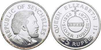 Сейшельские острова набор из 2 монет по 25 рупий 1977 25 лет правления (серебрянный юбилей) королевы Елизаветы II (1952-1977), в оригинальном буклете (UNC) и (PROOF) KM 38, 38a серебро UNC, PROOF 7-4-1-30