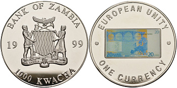 Замбия 1000 квача 1999 серия европейский союз - одна валюта, 20 евро реверс, серебрение KM 125 медь никель цинк 1098-3-42