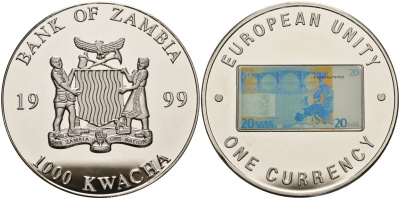 Замбия 1000 квача 1999 серия европейский союз - одна валюта, 20 евро реверс, серебрение KM 125 медь никель цинк 1098-3-42