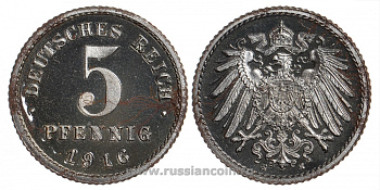 Германия 5 пфеннигов 1916 E KM 19, J. 297 железо PROOF 00-814-20