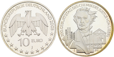 ФРГ 10 евро 2003 J, 200 лет со дня рождения Юстуса фон Либиха KM 222, DE.S. 10.7 серебро PROOF 1076-3-22