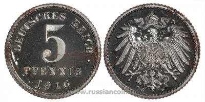Германия 5 пфеннигов 1916 E KM 19, J. 297 железо PROOF 00-814-20