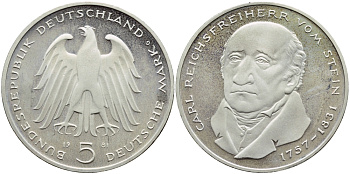 ФРГ 5 марок 1981 G, 150 лет со дня смерти Карла фон Штейна KM 155, J. 430 медно-никель плакированный никелем UNC 4394-125