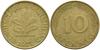 ФРГ 10 пфеннигов 1971 G KM 108, J. 383 сталь плакированная латунью 4681-1131