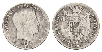 Италия 1 лира 1812 M, Наполеон (1805-1814) C 8.1 серебро 413-6621