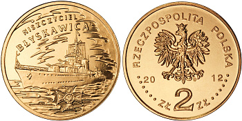 Польша 2 злотых 2012 MW, серия суда польского флота, эсминец ORP "Блискавица" KM 820 нордик  UNC  M73-18