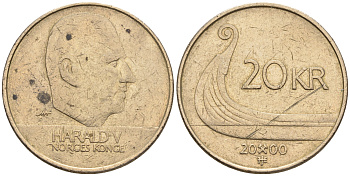 Норвегия 20 крон 2000 Харальд V (1992-) KM 453 никель латунь 3460-414