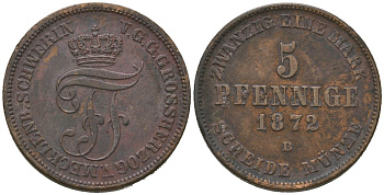 Мекленбург-Шверин 5 пфеннигов 1872 Фридрих Франц II (1842-1883) KM 317, AKS 45, Jaeger 62, Kunzel 412 медь 4364-2816