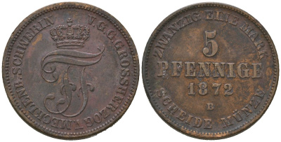 Мекленбург-Шверин 5 пфеннигов 1872 Фридрих Франц II (1842-1883) KM 317, AKS 45, Jaeger 62, Kunzel 412 медь 4364-2816