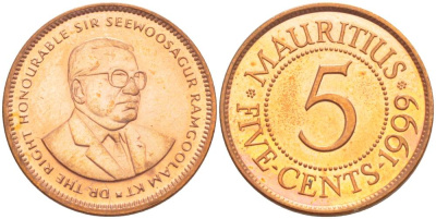 Маврикий 5 центов 1999 Сивусагур Рамгулам KM 52 сталь плакированная медью 4544-254