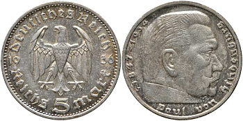 Германия 5 рейхсмарок 1936 J, Пауль фон Гинденбург (1847-1934) KM 86, J. 360 серебро 1515-1513