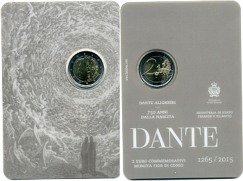Сан-Марино 2 евро 2015 750 лет Данте Алигьери, в оригинальном буклете KM NEW биметалл UNC 7-1-73